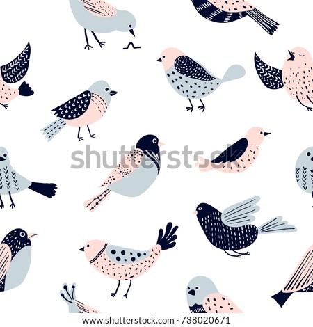 Colorful doodle bird seamless pattern. Collection of flat hand drawn birds. Cute background for textile print, wrapping paper, wall art design