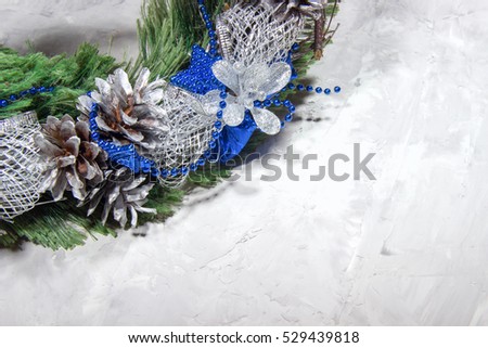 Christmas Wreath Holiday Fir Cones Stars Bows Garland Magic Decor Composition Blue Green Silver White Background