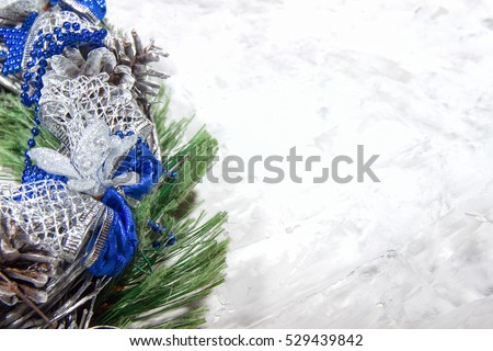 Christmas Wreath Holiday Fir Cones Stars Bows Garland Magic Decor Composition Blue Green Silver White Background