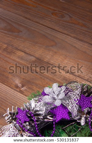 Christmas Wreath Holiday Fir Cones Stars Bows Garland Magic Decor Composition Purple Green Silver Wooden Background