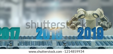 2019 year artificial intelligence or ai futuristic concept,  assistant robot try to put number of new year coming 2019 on operation line, industry 4.0 trend of automation robot in 2019 future