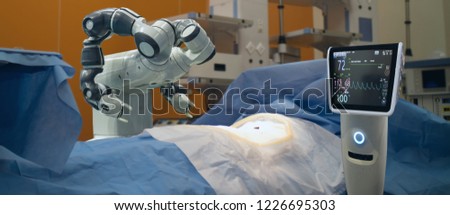 smart medical technology concept,advanced robotic surgery machine at Hospital, robotic surgery are precision, miniaturisation, smaller incisions, decreased blood loss, less pain,  quick healing time