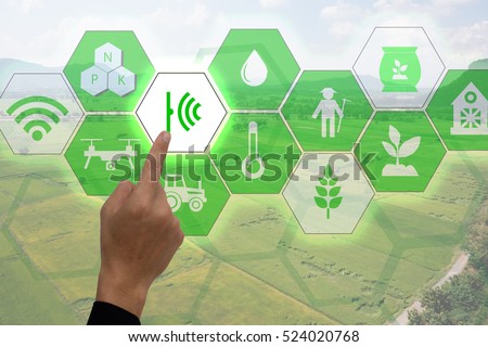 Internet of things(agriculture concept),smart farming,industrial agriculture.Farmer point hand to use augmented reality technology to control ,monitor and management in the field