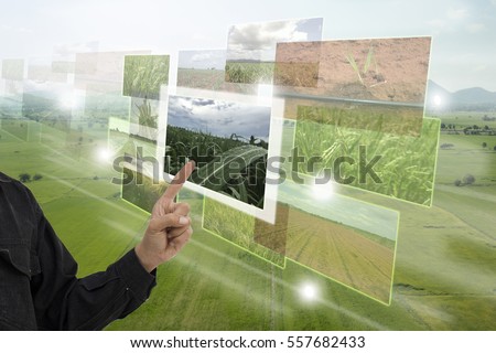 Internet of things(agriculture concept),smart farming,industrial agriculture.Farmer point hand to use augmented reality technology to control ,monitor and management in the farm