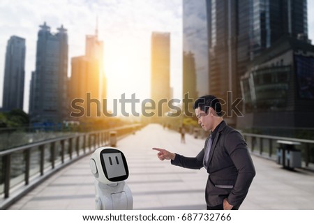 robot advisor, business man talk with a high technology robot assistant (AI or artificial intelligence) how to help him while he on the walk way with a beautiful cityscape with fake sunlight