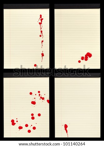 A collection of four sheets of lined yellow notepad paper with red blood stains (paint) on them.