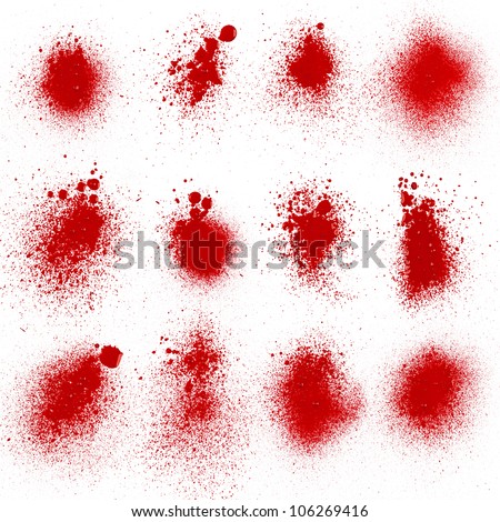 A collection of 12 blood (paint) spatters, splashes and sprays with high detail isolated on white.