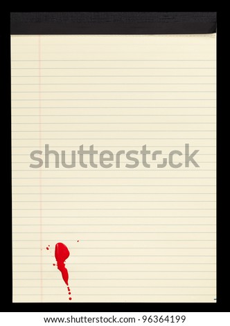 A sheet of lined yellow notepad paper with red blood stains (paint) on it.