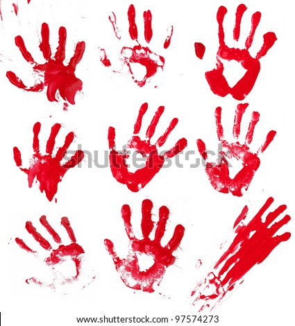 A composite of 9 bloody hand prints isolated on white.
