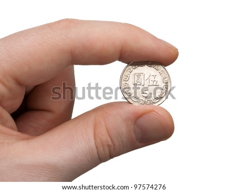 A male thumb and index finger gripping a New Taiwan 5 Dollar Coin.