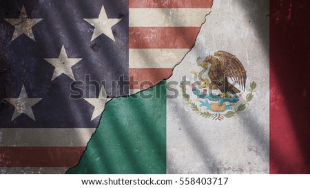 Usa and Mexico Flag on Cracked Concrete Wall With Gate Shadow