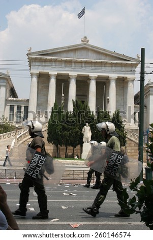 Athens, Greece - June, 22th 2006: Riot police at Athens as they march across Athens academy during a youth strike.