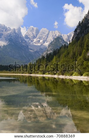 Mountain lake in Italian Alps in summer with Dolomite Range in background