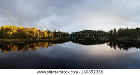 Nowegian lake panorama with rainbow