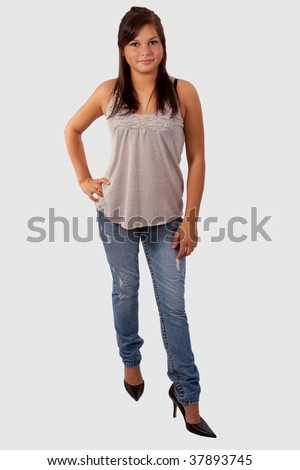  body of a young attractive brunette teen wearing high heels and jeans