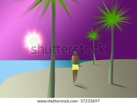 illustration of tourists walking on the beach with coconut