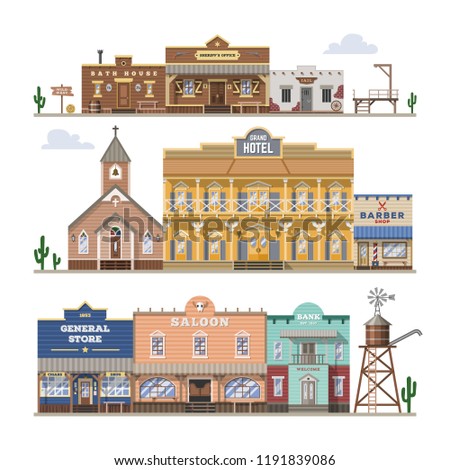 Saloon vector wild west building and western cowboys house or bar in street illustration wildly set of country landscape with architecture hotel store isolated on white background