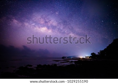 Landscape with Milky way galaxy and the sea.  Long time exposure night landscape.