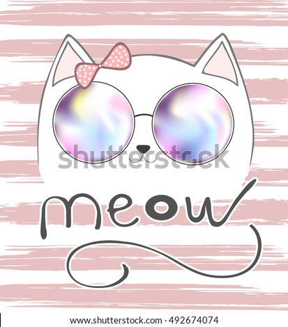 cute cat with pink bow, cat and lettering, cat meow, graphic, illustration, vector, T-shirt Print, pretty, white cat, isolated, little, sketch, girl, face