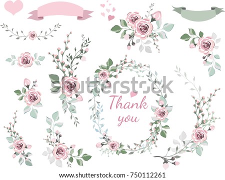 Set of floral branch, wreaths, hearts. Flower pink rose, leaves. Wedding concept. Floral magazine, poster, invite. Vector  decorative greeting card or invitation design background