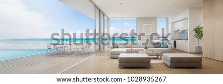Sea view kitchen, dining and living room of luxury beach house with terrace near swimming pool in modern design. Vacation home or holiday villa for big family. Interior 3d illustration