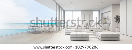 Sea view kitchen, dining and living room of luxury beach house with terrace near swimming pool in modern design. Vacation home or holiday villa for big family. Interior 3d illustration sketching.