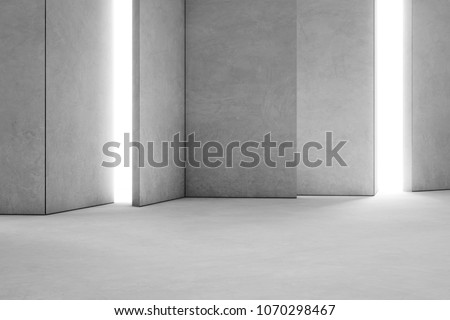 Abstract interior design of modern showroom with empty white concrete floor and gray wall background. Hall or stage 3d illustration.