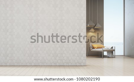 Sea view living room of luxury beach house with armchair near window on wooden floor. Empty white triangle pattern wall background in vacation home or holiday villa. Hotel interior 3d illustration.