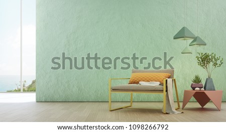 Sea view living room of luxury summer beach house with glass window and wooden floor. Empty rough turquoise concrete wall background in vacation home or holiday villa. Hotel interior 3d illustration.