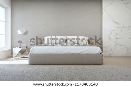 Bedroom of luxury house with double bed and carpet on wooden floor. Empty gray concrete wall background in vacation home or holiday villa. Hotel interior 3d illustration.