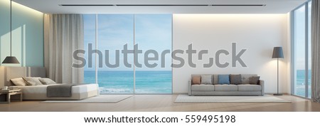 Sea view bedroom and living room in luxury beach house - 3D rendering