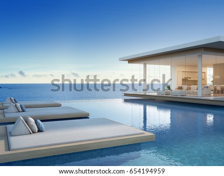 Luxury beach house with sea view swimming pool in modern design, Vacation home for big family - 3d rendering of residential building