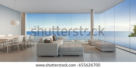 Dining and living room of luxury beach house with sea view swimming pool in modern design, Vacation home for big family - Interior 3d rendering