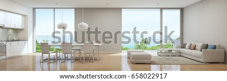 Sea view kitchen, dining and living room of luxury beach house in modern design, Vacation home for big family - Interior 3d rendering