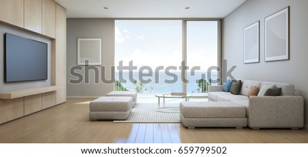 Sea view Living room with terrace in modern luxury beach house, Vacation home for big family - Interior 3d rendering