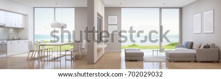 Sea view kitchen, dining and living room of luxury beach house in modern design. Vacation home for big family - Interior 3d rendering