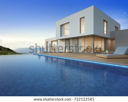 Luxury beach house with sea view swimming pool and terrace in modern design, Vacation home or holiday villa for big family - 3d illustration of new residential building