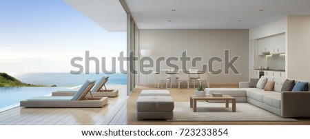 Sea view kitchen, dining and living room of luxury beach house with terrace near swimming pool in modern design. Vacation home or holiday villa for big family. Interior 3d rendering