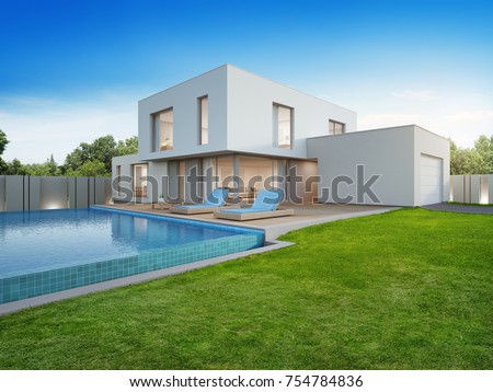Luxury house with swimming pool and terrace near lawn in modern design, Empty front yard at vacation home or holiday villa for big family - 3d illustration of new residential building exterior