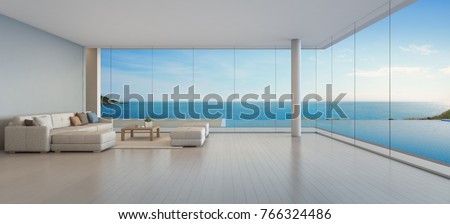Large sofa on wooden floor near glass window and swimming pool with terrace at penthouse apartment, Lounge in sea view living room of modern luxury beach house or hotel - Home interior 3d illustration