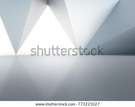Geometric shapes structure on empty concrete floor with white wall background in hall or modern showroom, Construction technology for future architecture - Abstract interior design 3d illustration
