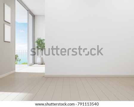 Sea view living room of luxury beach house with indoor plant near glass door and wooden floor terrace. Empty white wall background in vacation home or holiday villa. Hotel interior 3d illustration