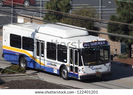 LOS ANGELES, CALIFORNIA, USA - DECEMBER 11, 2012 - A North American Bus Industries natural gas bus near Los Angeles Airport on December 11, 2012.  The NABI 35-LFW is a 35 foot low floor transit bus.
