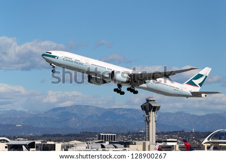 LOS ANGELES, CALIFORNIA, USA - JANUARY 28:Cathay Pacific Boeing 777) takes off from Los Angeles Airport on January 28, 2013. The plane has the most powerful jet engines in commercial service