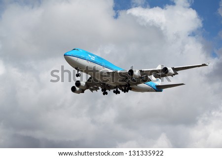 LOS ANGELES, CALIFORNIA, USA - MARCH 8, : A KLM Boeing 747-400 plane lands at Los Angeles Airport on March 8, 2012. The plane seats 660 passengers and can fly non-stop for up to 7,670 miles
