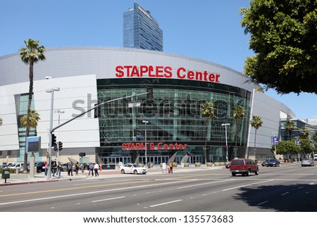 LOS ANGELES, CALIFORNIA, USA - APRIL 16, : The Staples Center in Downtown Los Angeles on April 16, 2013. It is 950,000 SF and is home to the Lakers team and seats up to 19,060 for basketball