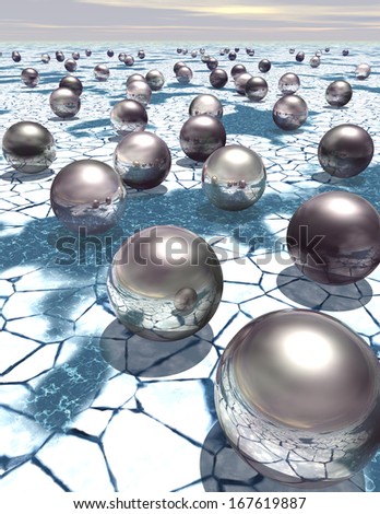 Reflective metal spheres on an icy alien landscape - science fiction background