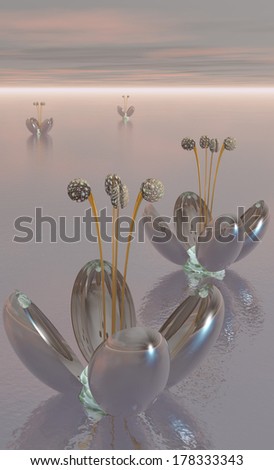 Silver shiny alien flowers on a muted colored ocean suitable for science fiction themes