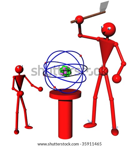 Red stick man splitting the atom