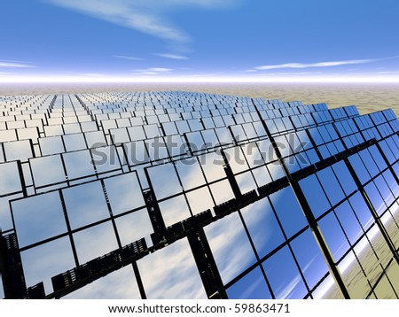 High resolution 3D rendered solar panel farm in desert - generating power with reflections of the scene around